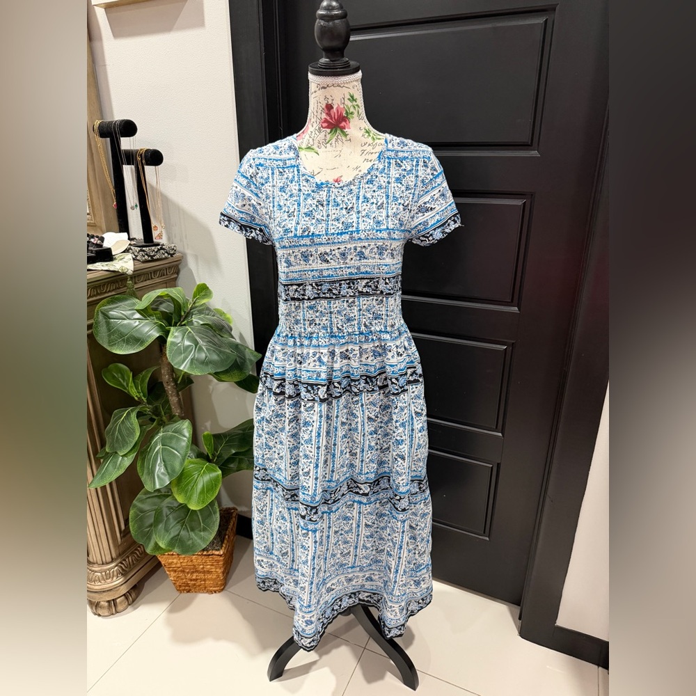 Expressions Blue and White Floral Tiered Midi Dress